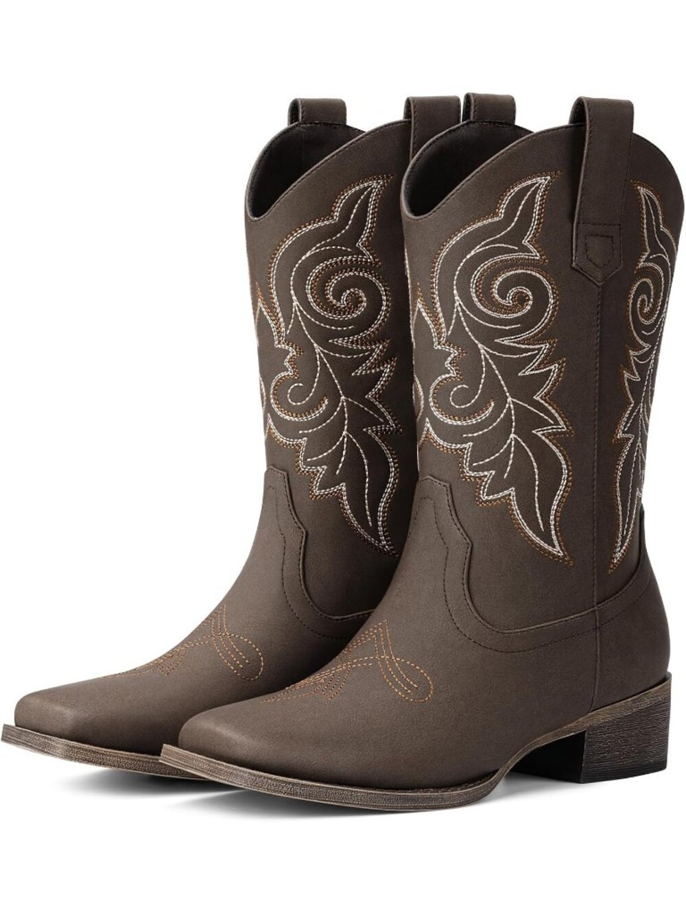 Women's Bronze Square Toe Mid Calf Low Chunky Heel Classic Retro Cowgirl Boots